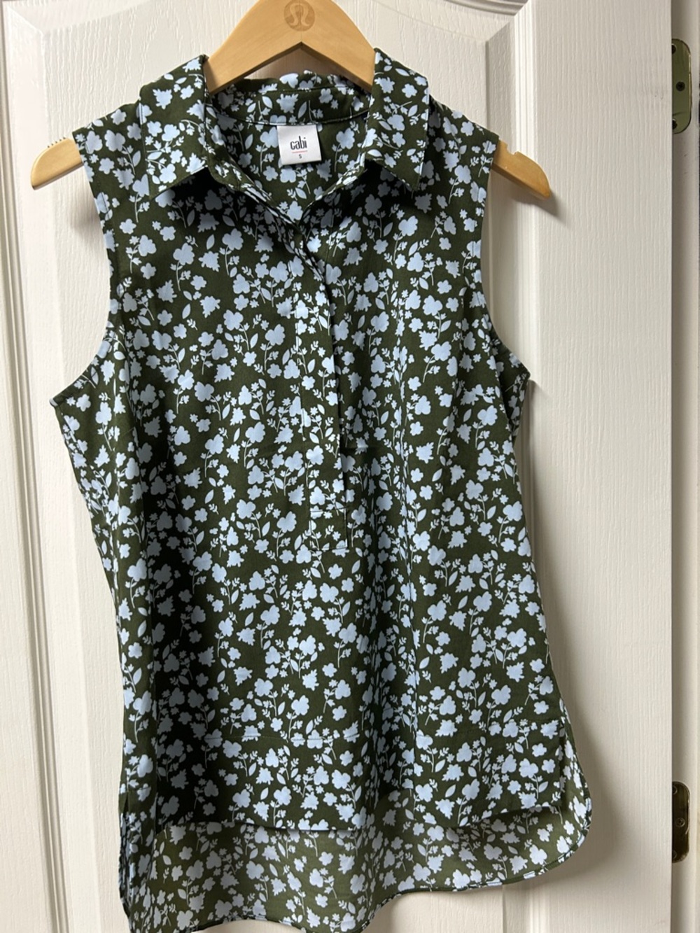 CAbi Olive & Light Blue Floral Sleeveless Collared Top